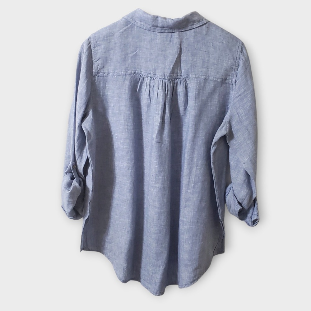 Sigrid Olsen Women Medium Blue 100% Linen Roll Tab Sleeve Henley Tunic Top - Picture 4 of 10